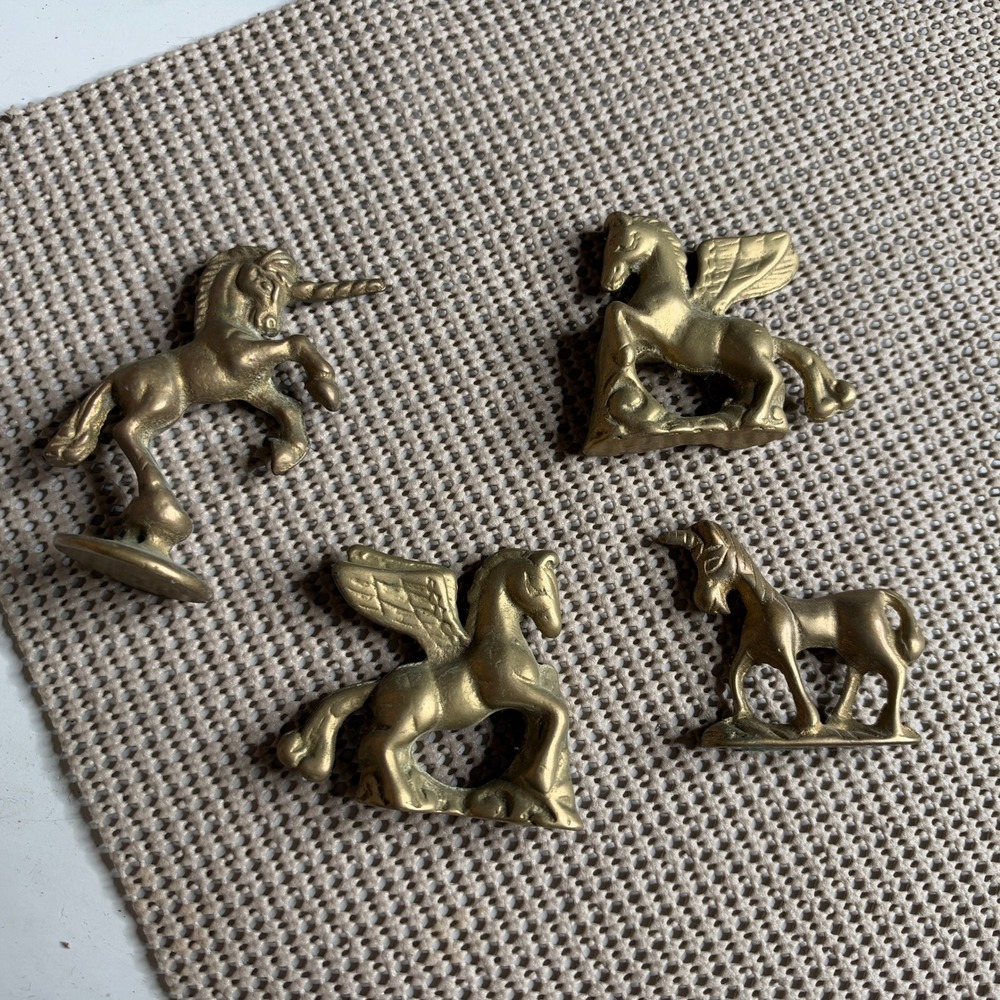 Vintage Brass Miniature Figurines Set of 4 Pegasus and Unicorn Mythical Decor